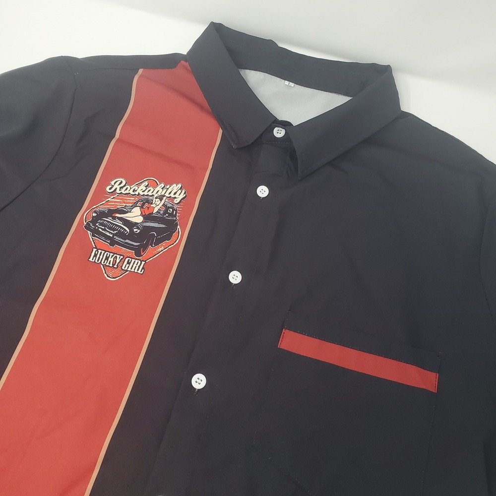 Unbranded Shirt Mens L Rockabilly Lucky Girl Black Red Button-down Graphic
